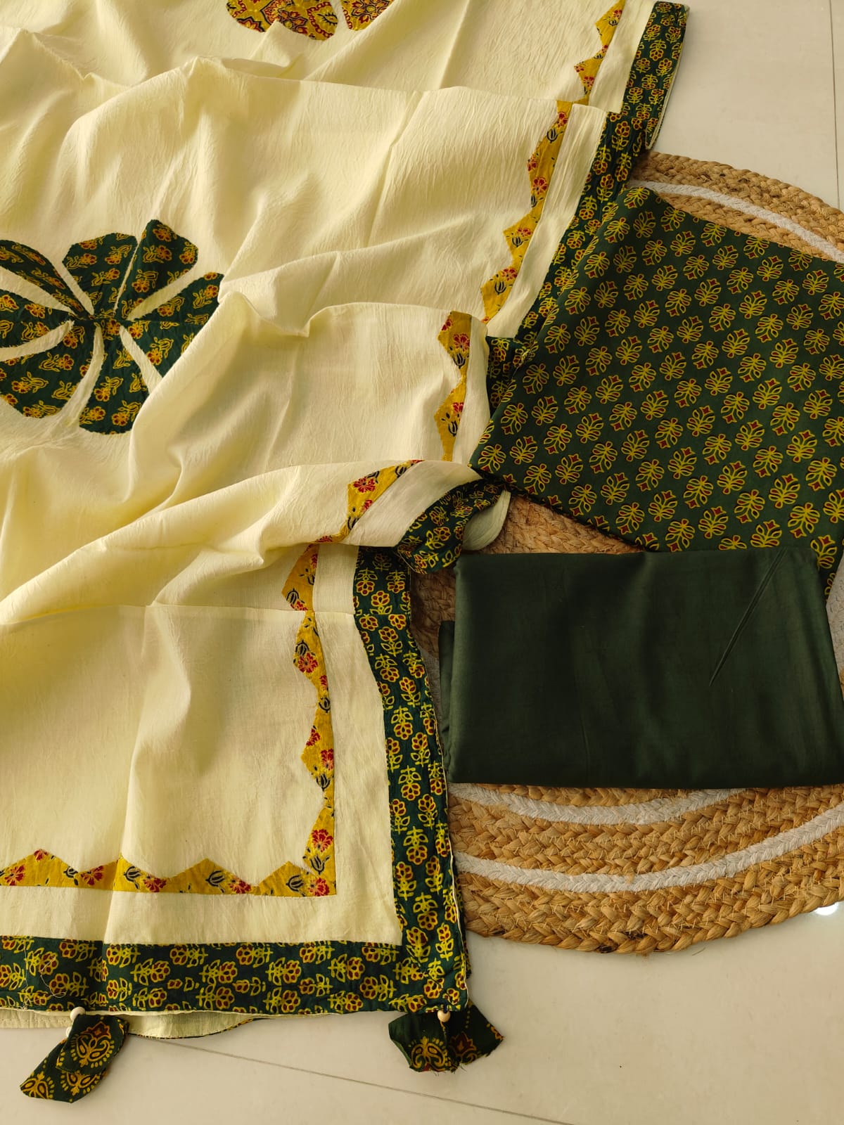 Ajarkh Print Suit Pcs With Patch Work And Mirror Work Dupatta (ASC038)