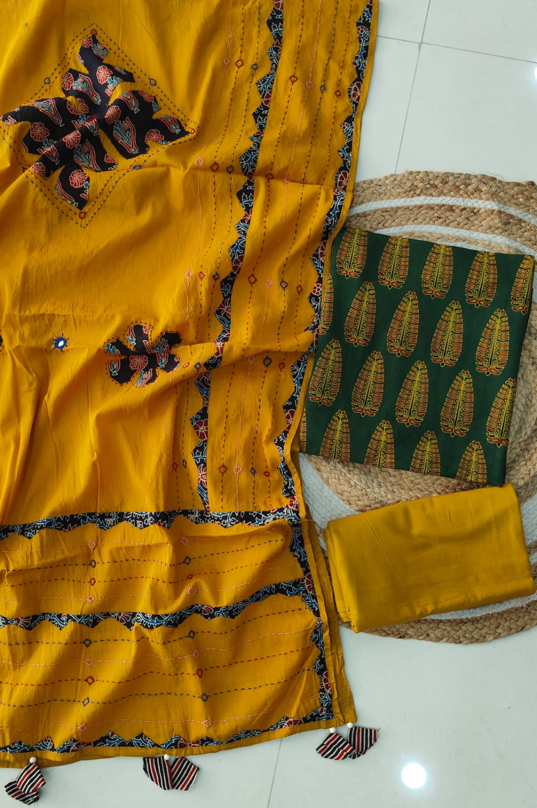 Ajarkh Print Suit Pcs With Patch Work And Mirror Work Dupatta (ASC040)