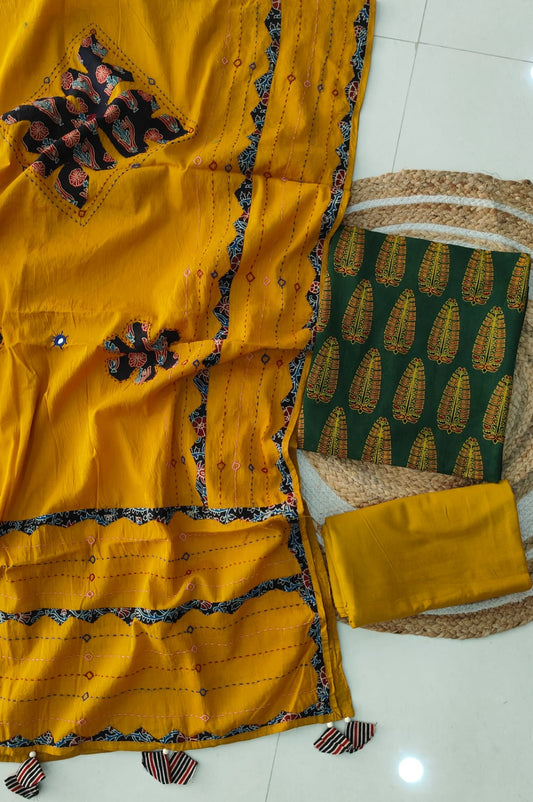 Ajarkh Print Suit Pcs With Patch Work And Mirror Work Dupatta (ASC040)