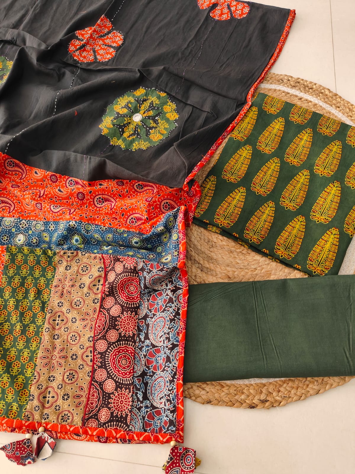 Ajarkh Print Suit Pcs With Patch Work And Mirror Work Dupatta (ASC042)