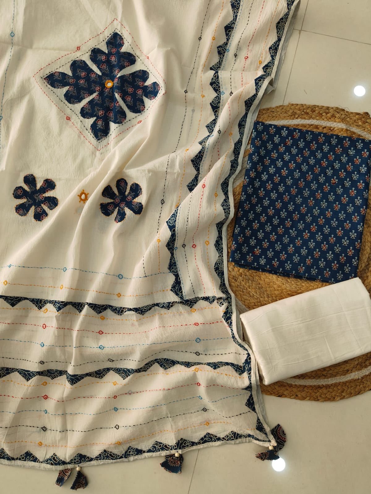 Ajarkh Print Suit Pcs With Patch Work And Mirror Work Dupatta (ASC045)