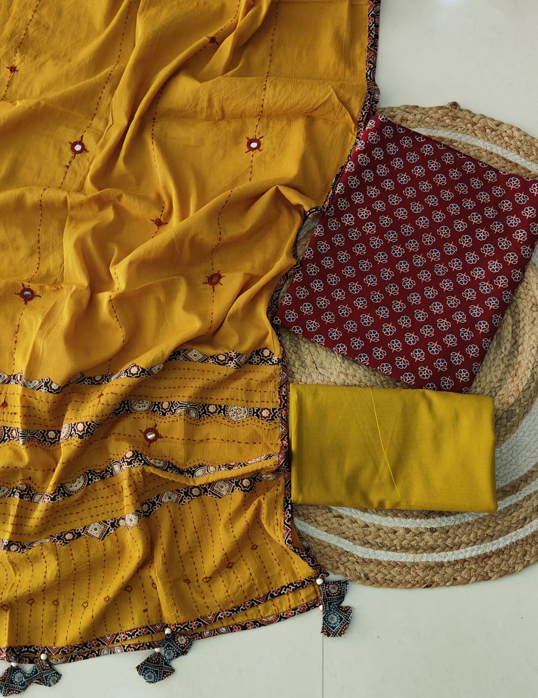 Ajarkh Print Suit Pcs With Patch Work And Mirror Work Dupatta (ASC050)