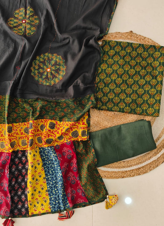 Ajarkh Print Suit Pcs With Patch Work And Mirror Work Dupatta (ASC053)