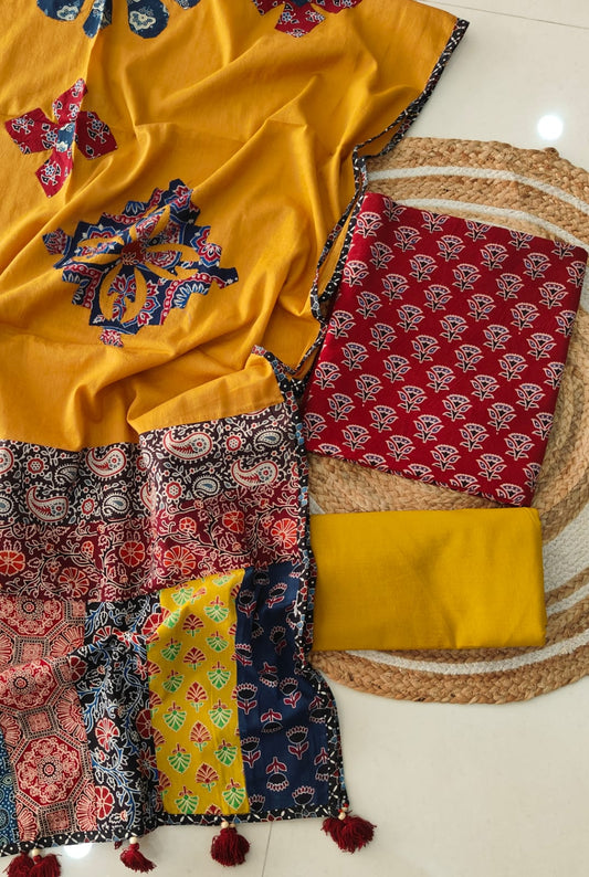 Ajarkh Print Suit Pcs With Patch Work And Mirror Work Dupatta (ASC056)