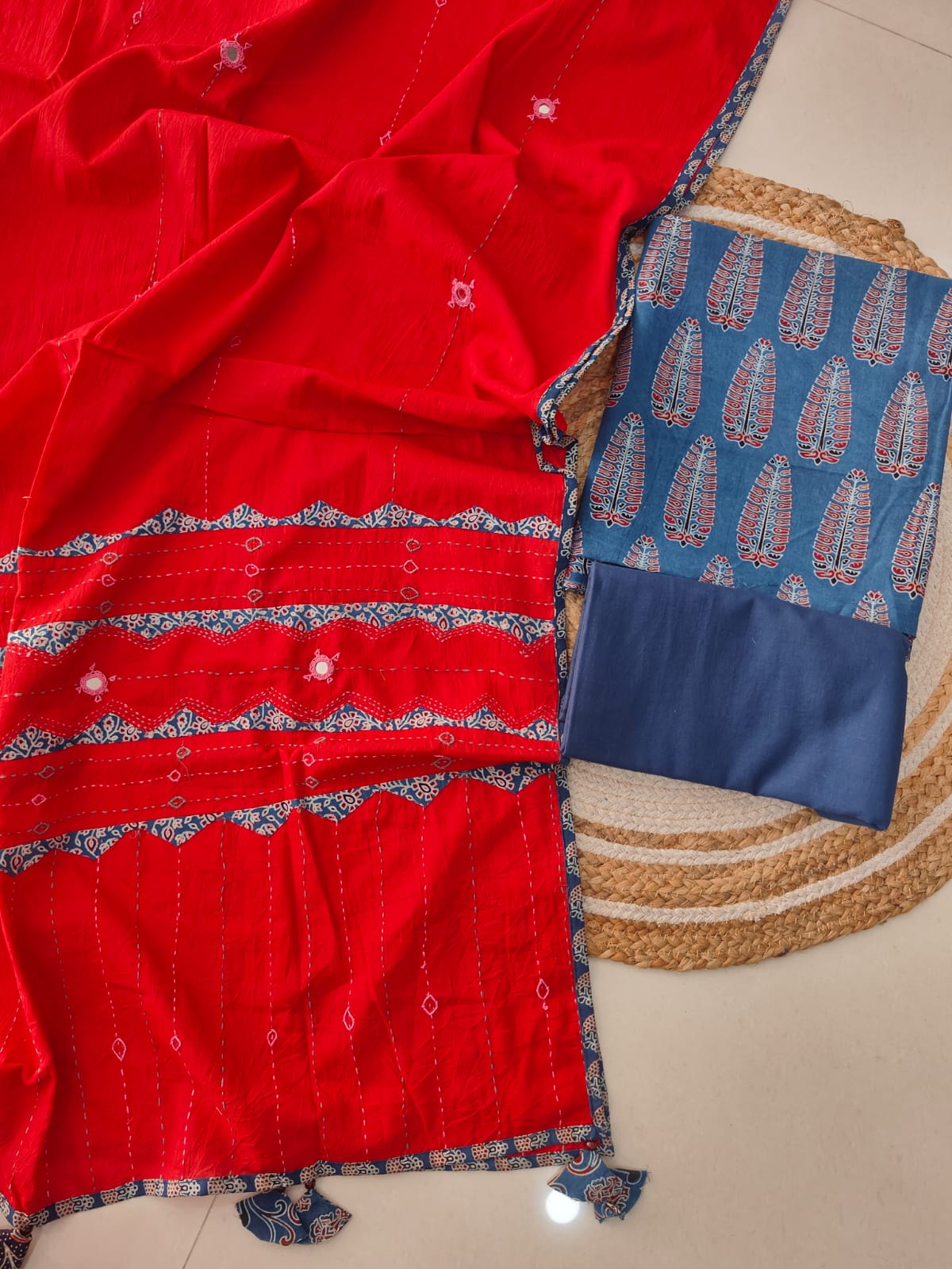 Ajarkh Print Suit Pcs With Patch Work And Mirror Work Dupatta (ASC057)