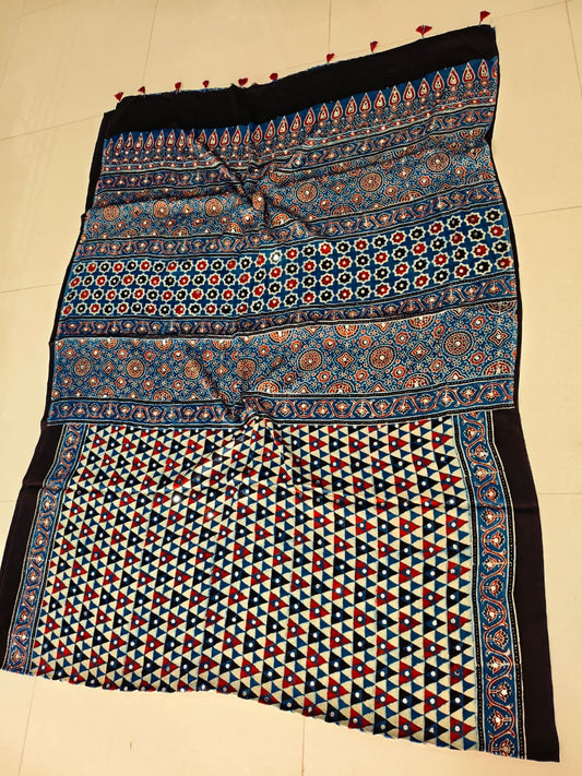 MIRROR WORK HAND BLOCK AJRAKH MODAL SILK SAREE WITH BLOUSE (CIV1)
