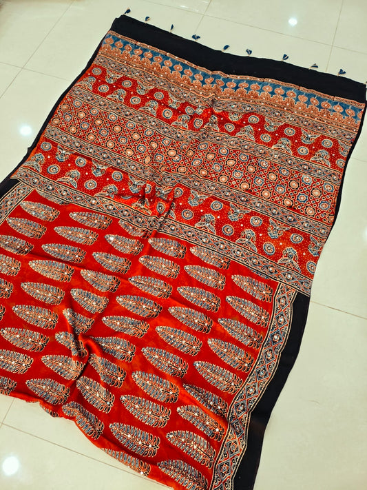MIRROR WORK HAND BLOCK AJRAKH MODAL SILK SAREE WITH BLOUSE (CIV4)