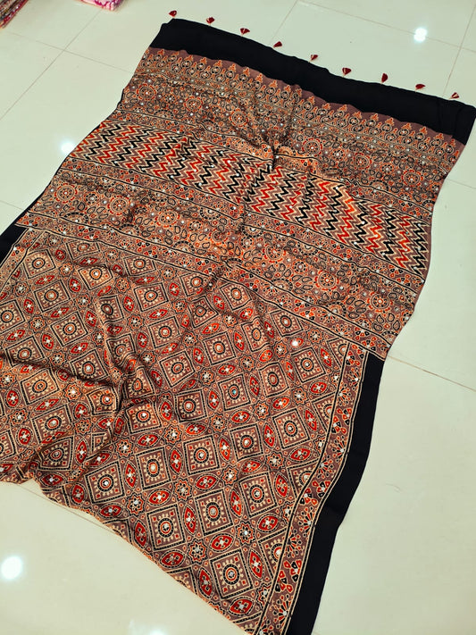 MIRROR WORK HAND BLOCK AJRAKH MODAL SILK SAREE WITH BLOUSE (CIV5)