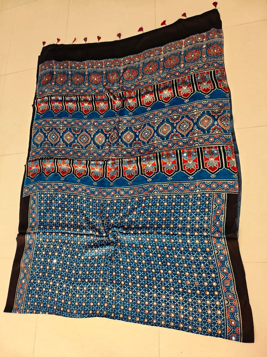 MIRROR WORK HAND BLOCK AJRAKH MODAL SILK SAREE WITH BLOUSE (CIV7)