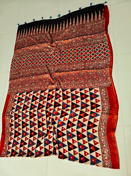 MIRROR WORK HAND BLOCK AJRAKH MODAL SILK SAREE WITH BLOUSE (CIV9)