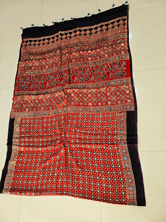 MIRROR WORK HAND BLOCK AJRAKH MODAL SILK SAREE WITH BLOUSE (CIV8)