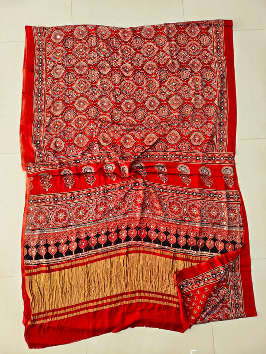 MIRROR WORK HAND BLOCK AJRAKH MODAL SILK SAREE WITH BLOUSE (CIV11)