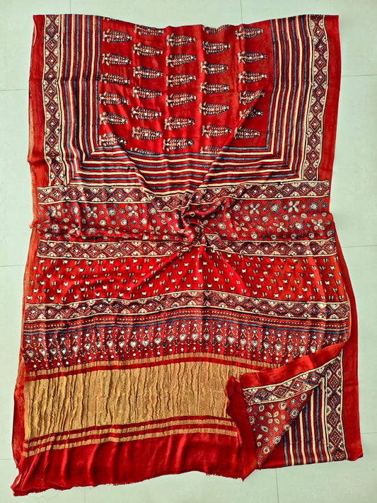 MIRROR WORK HAND BLOCK AJRAKH MODAL SILK SAREE WITH BLOUSE (CIV16)