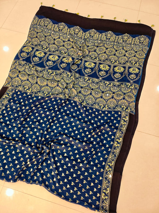 MIRROR WORK HAND BLOCK AJRAKH MODAL SILK SAREE WITH BLOUSE (CIV20)