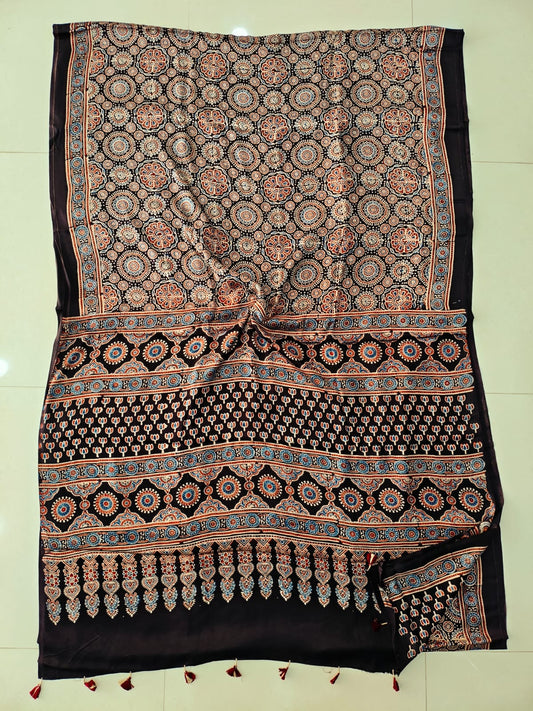HAND BLOCK PRINTED AJRAKH MODAL SILK SAREE (CIG97)
