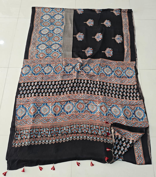 HAND BLOCK PRINTED AJRAKH MODAL SILK SAREE (CIG107)