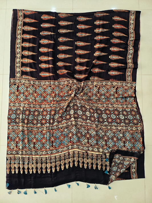 HAND BLOCK PRINTED AJRAKH MODAL SILK SAREE (CIG110)
