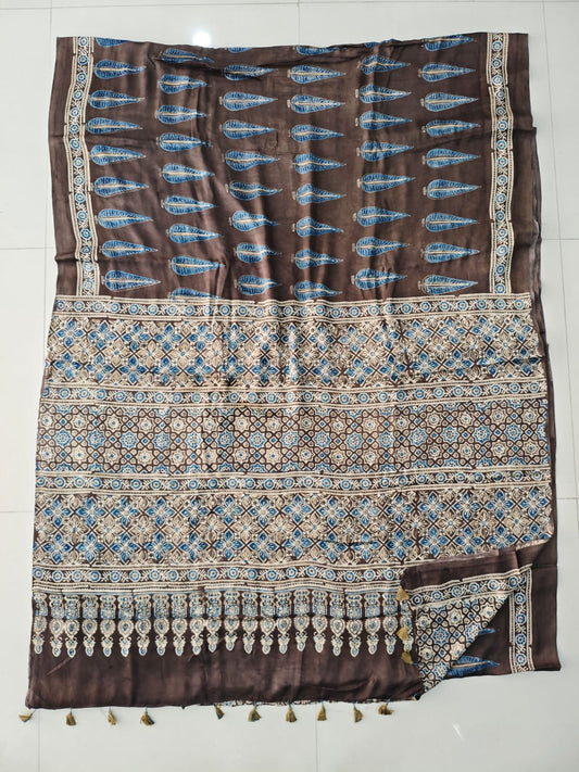 HAND BLOCK PRINTED AJRAKH MODAL SILK SAREE (CIG118)
