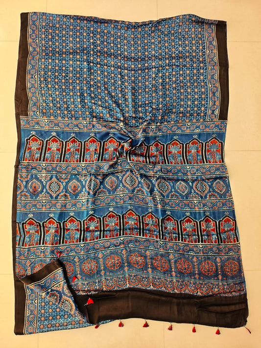 HAND BLOCK PRINTED AJRAKH MODAL SILK SAREE (CIG127)