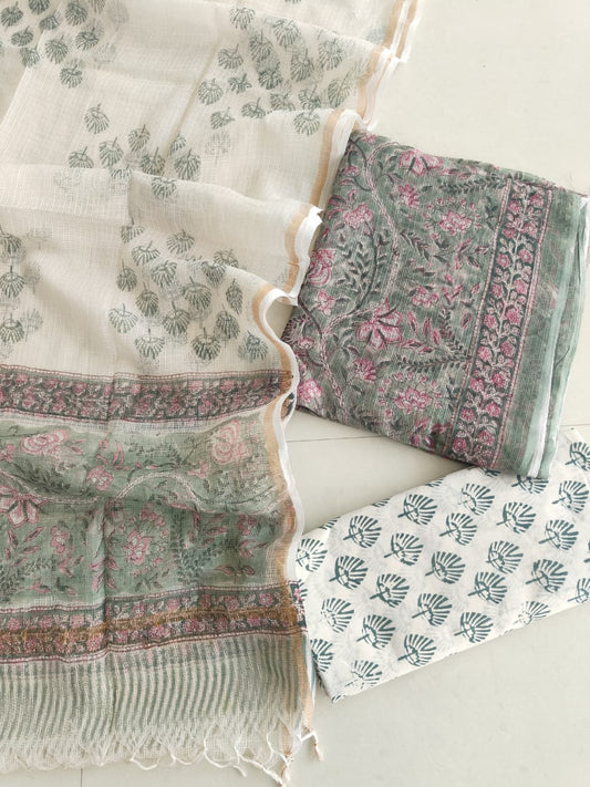 HAND BLOCK PRINTED KOTA DORIYA SUIT WITH KOTA DORIYA DUPPATA (FKS100)