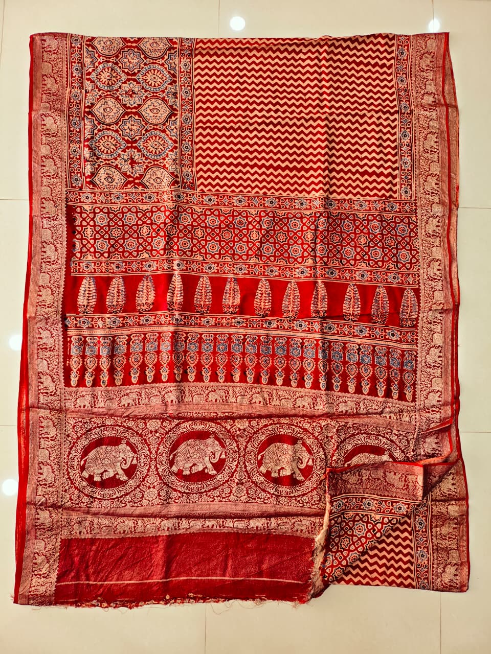 AJRAKH PRINTED PURE DOLA SILK SAREE WITH BLOUSE (MS62)