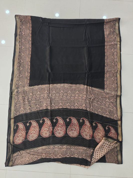 Jaipuri Hand Block Bagru Printed Maheshwari Silk Saree With Blouse (MSS159)