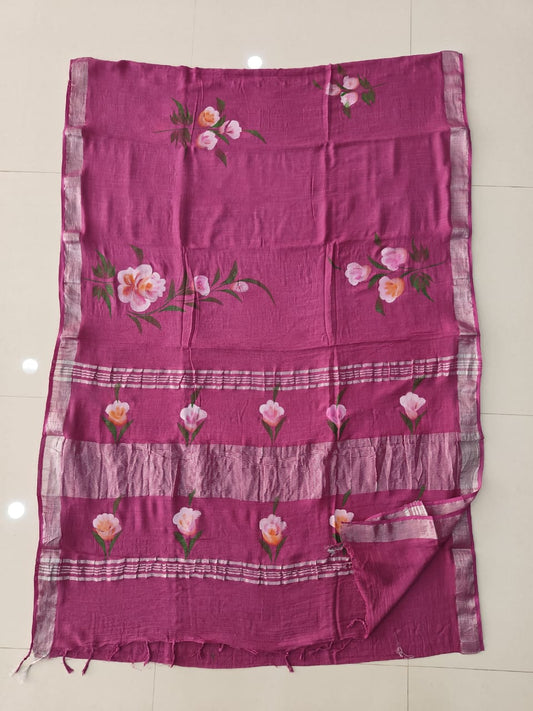 HAND BLOCK BLACK & WHITE PRINTED COTTON LINEN SAREE WITH BLOUSE (LCS219)