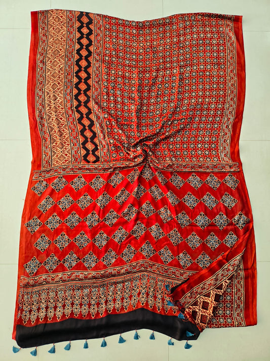 HAND BLOCK PRINTED AJRAKH MODAL SILK SAREE (CIG138)
