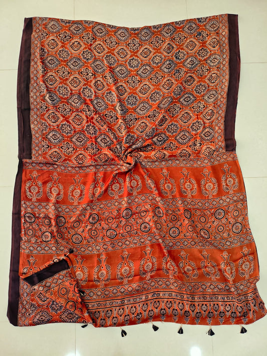 HAND BLOCK PRINTED AJRAKH MODAL SILK SAREE (CIG140)