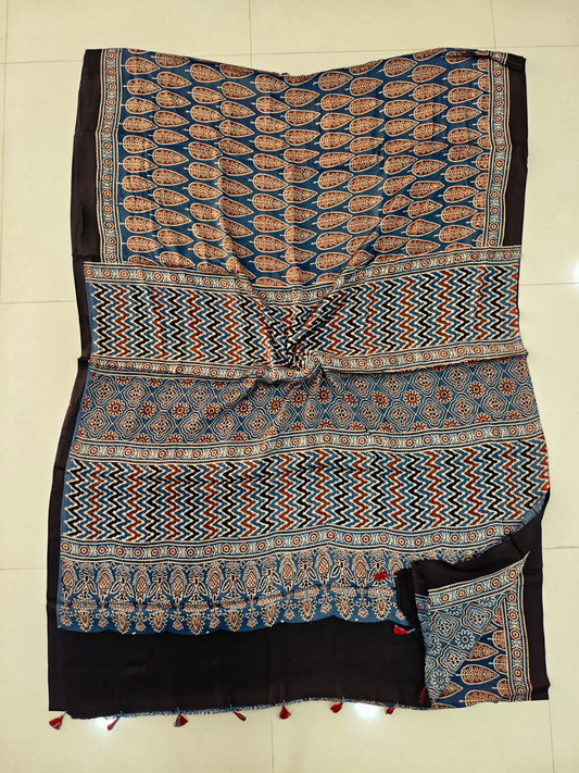 HAND BLOCK PRINTED AJRAKH MODAL SILK SAREE (CIG144)
