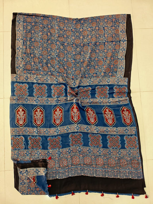 HAND BLOCK PRINTED AJRAKH MODAL SILK SAREE (CIG143)