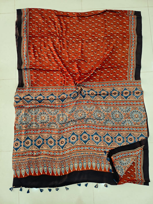 HAND BLOCK PRINTED AJRAKH MODAL SILK SAREE (CIG150)