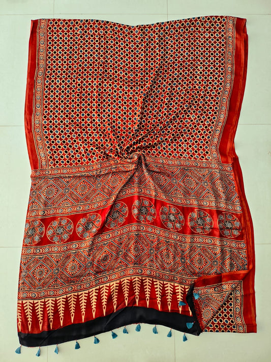 HAND BLOCK PRINTED AJRAKH MODAL SILK SAREE (CIG153)
