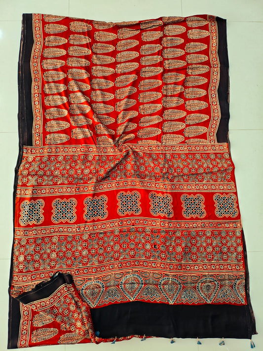 HAND BLOCK PRINTED AJRAKH MODAL SILK SAREE (CIG154)
