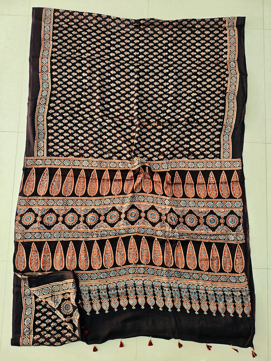 HAND BLOCK PRINTED AJRAKH MODAL SILK SAREE (CIG158)