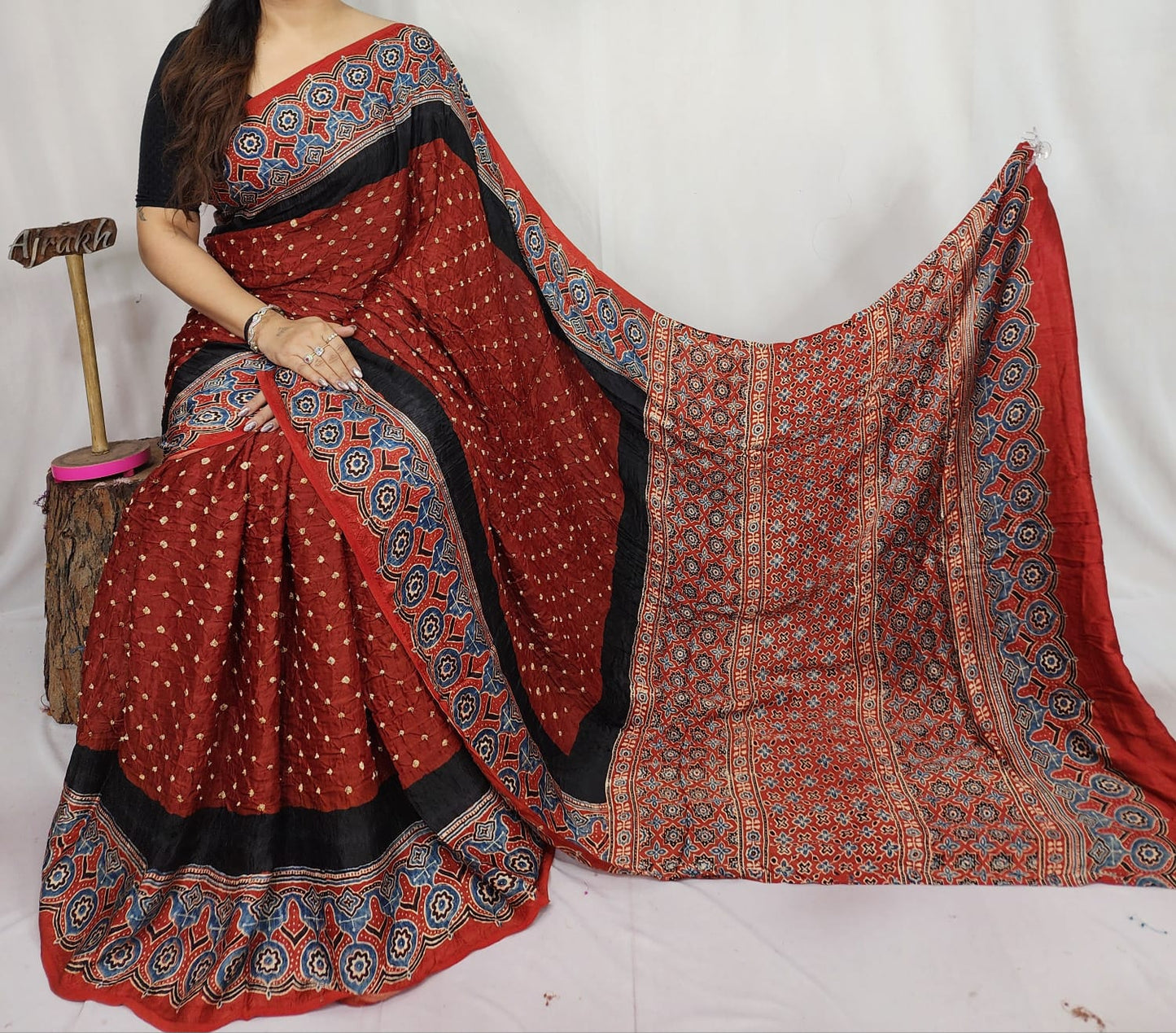HAND BLOCK PRINTED BANDHEJ AJRAKH MODAL SILK SAREE (CIX2)
