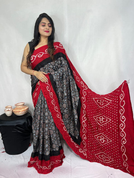 HAND BLOCK PRINTED BANDHEJ AJRAKH MODAL SILK SAREE (CIX4)