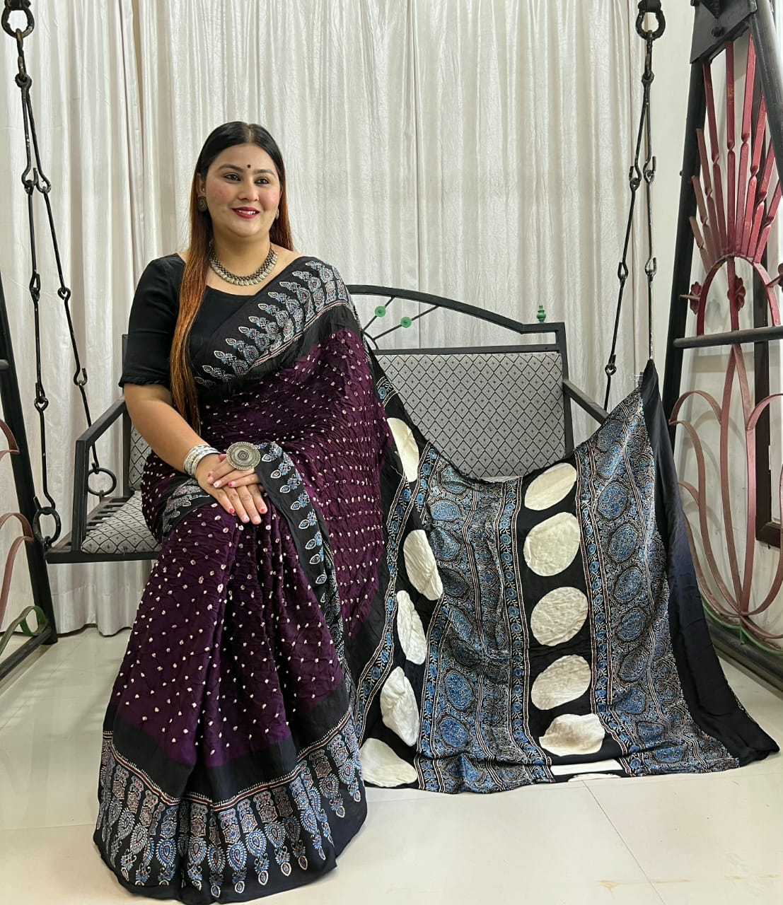 HAND BLOCK PRINTED BANDHEJ AJRAKH MODAL SILK SAREE (CIX7)