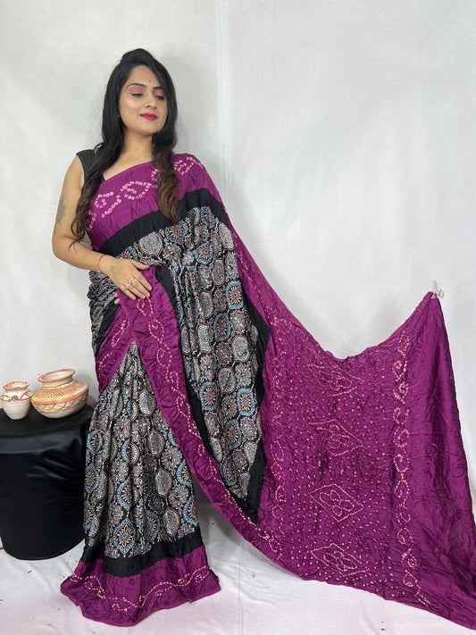 HAND BLOCK PRINTED BANDHEJ AJRAKH MODAL SILK SAREE (CIX8)