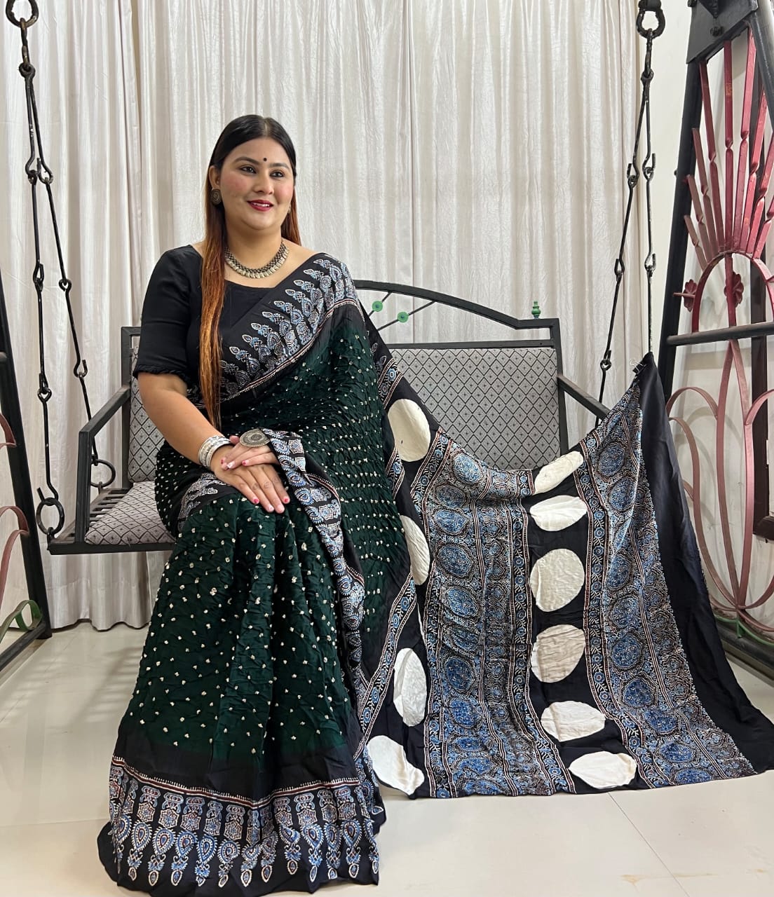 HAND BLOCK PRINTED BANDHEJ AJRAKH MODAL SILK SAREE (CIX9)