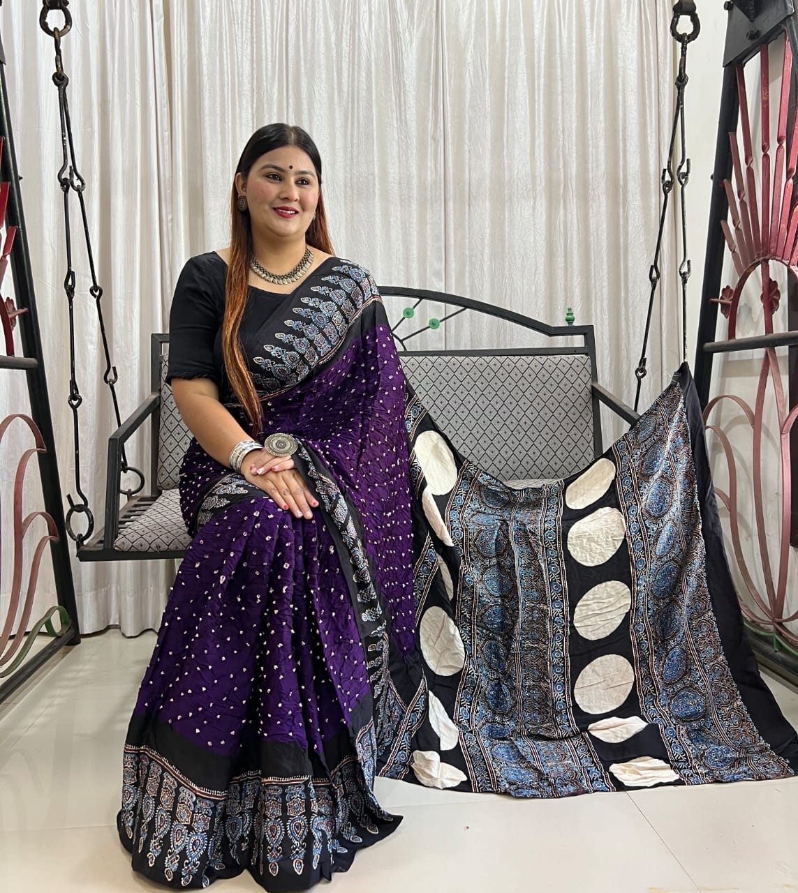 HAND BLOCK PRINTED BANDHEJ AJRAKH MODAL SILK SAREE (CIX10)