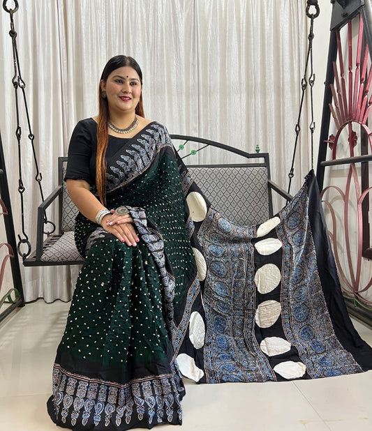 HAND BLOCK PRINTED BANDHEJ AJRAKH MODAL SILK SAREE (CIX9)