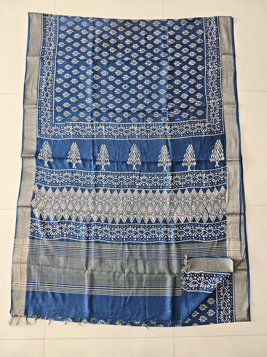 HAND BLOCK BAGRU PRINTED ART SILK CHANDERI SAREE WITH BLOUSE (CIH53)