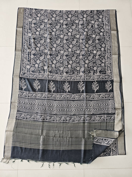 HAND BLOCK BAGRU PRINTED ART SILK CHANDERI SAREE WITH BLOUSE (CIH54)
