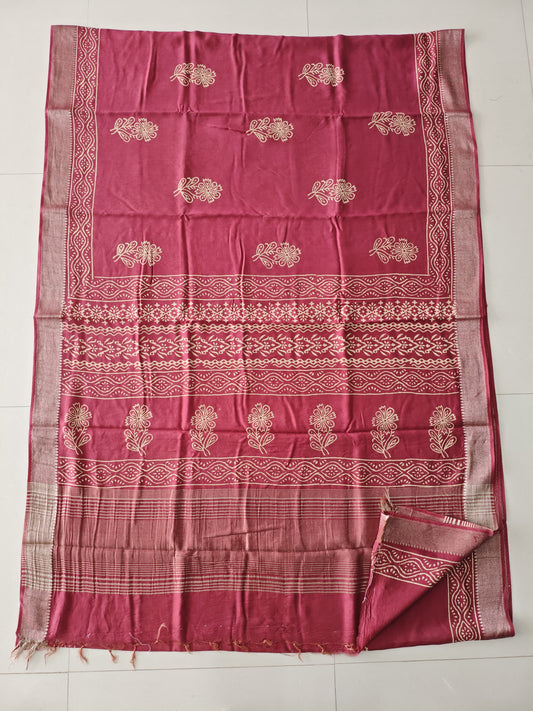 HAND BLOCK BAGRU PRINTED ART SILK CHANDERI SAREE WITH BLOUSE (CIH52)