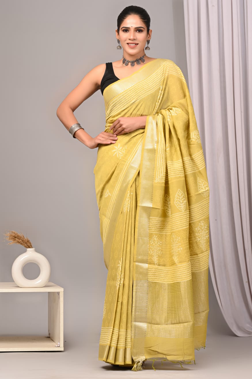 HAND BLOCK BAGRU PRINTED ART SILK CHANDERI SAREE WITH BLOUSE (CIH56)