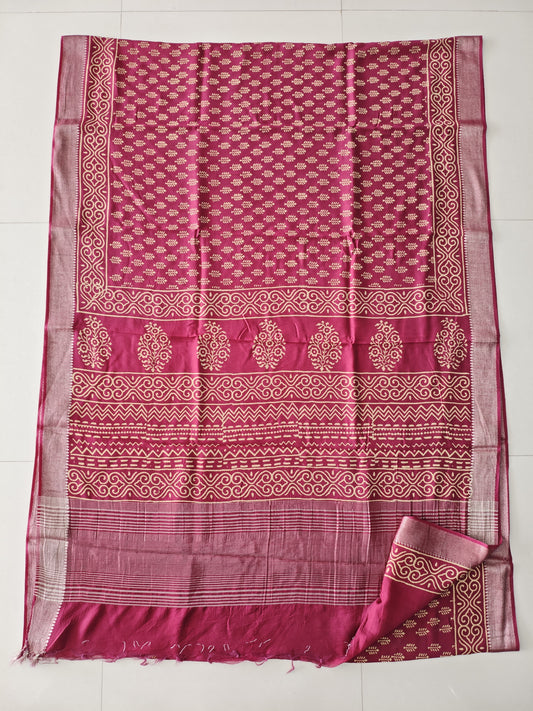 HAND BLOCK BAGRU PRINTED ART SILK CHANDERI SAREE WITH BLOUSE (CIH55)