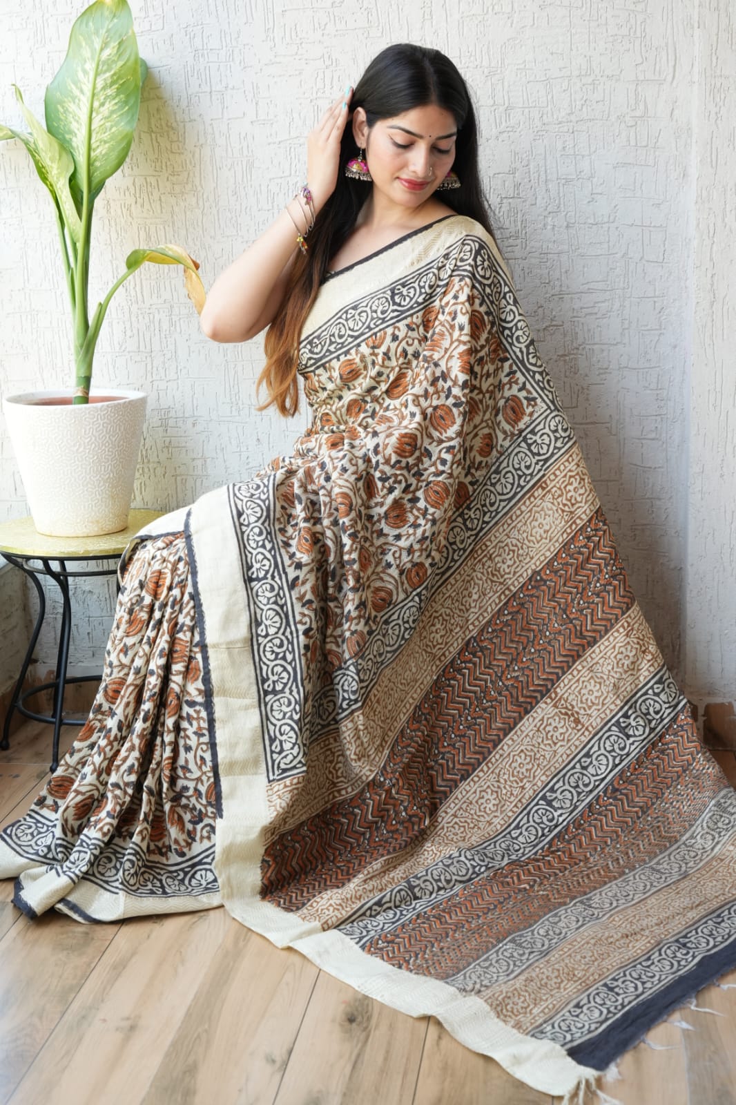 HAND BLOCK BAGRU PRINTED ART SILK CHANDERI SAREE WITH BLOUSE (CIH58)