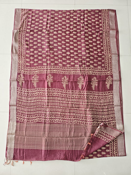 HAND BLOCK BAGRU PRINTED ART SILK CHANDERI SAREE WITH BLOUSE (CIH59)