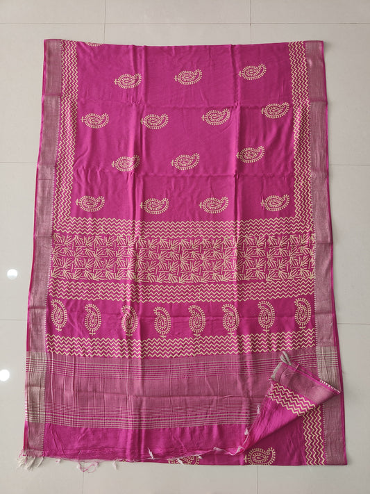 HAND BLOCK BAGRU PRINTED ART SILK CHANDERI SAREE WITH BLOUSE (CIH64)